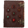 Leather Notebook with Decorative Embossing and Seven Chakra Stones in a Circle